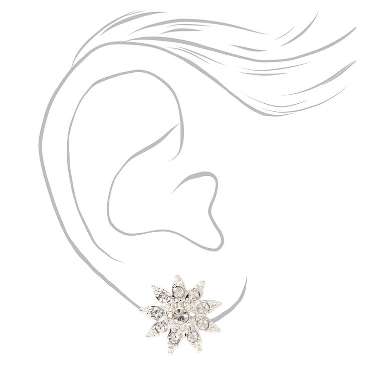 Silver Large Crystal Flower Clip On Stud Earrings,