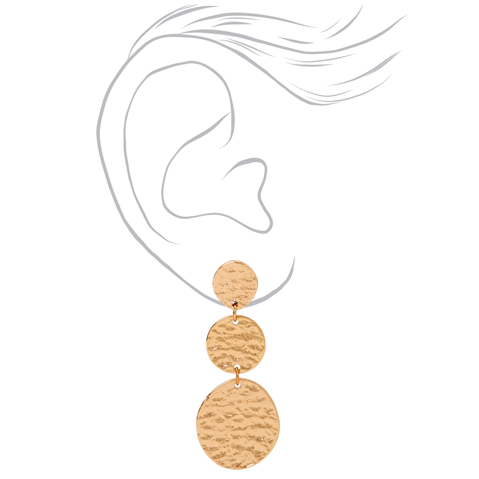 Gold 2" Trio Hammered Circle Drop Earrings,