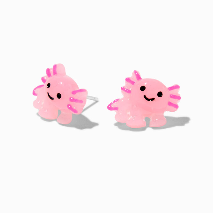 Clous d&#39;oreilles tige couleur argent&eacute;e axolotl roses,