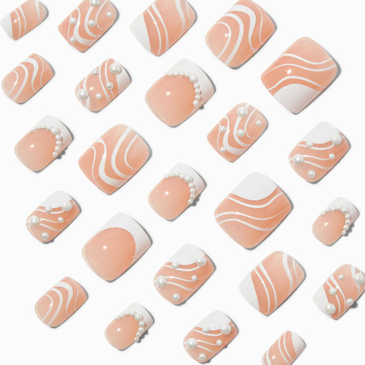 Swirly French Tip Bling Medium Square Vegan Faux Nail Set - 24 Pack,