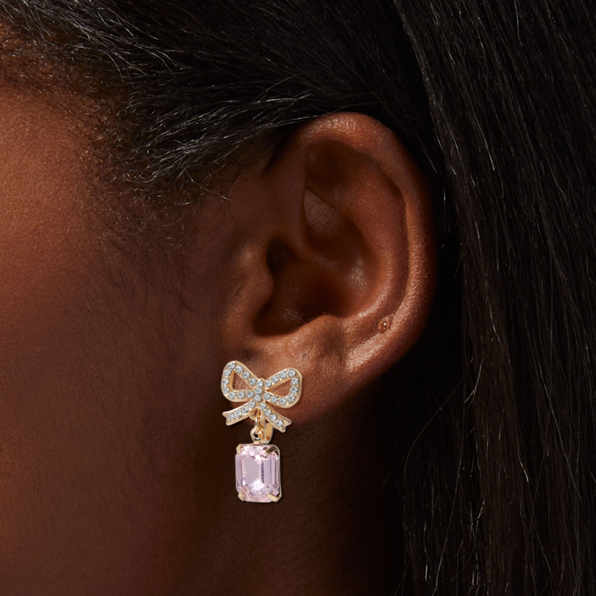 Gold tone Pink Crystal Bow 1 Clip On Drop Earrings Claire s