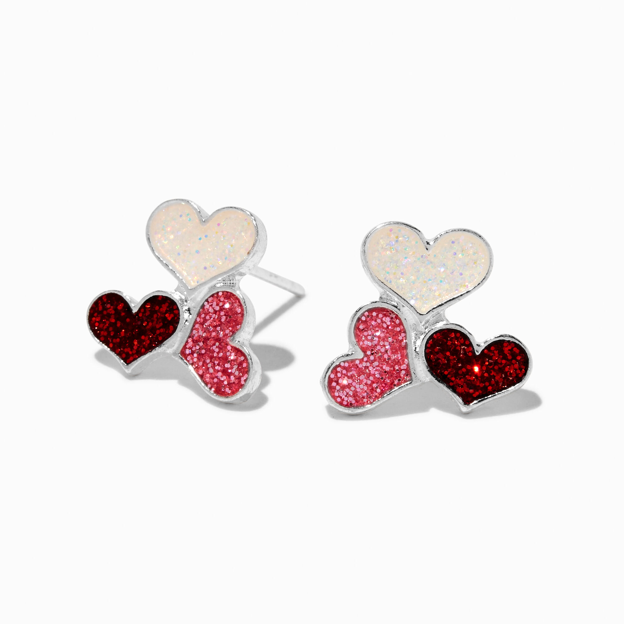 Glitter Triple Heart Valentine's Day Stud Earrings,