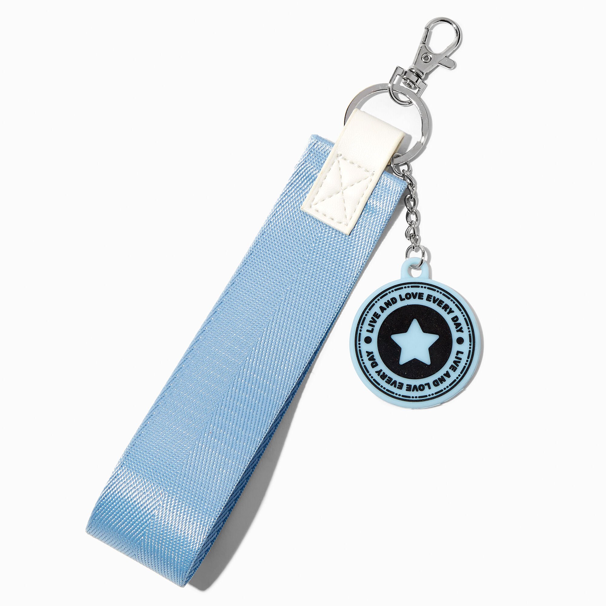 View Claires Ribbon Wrist Strap Keyring Blue information