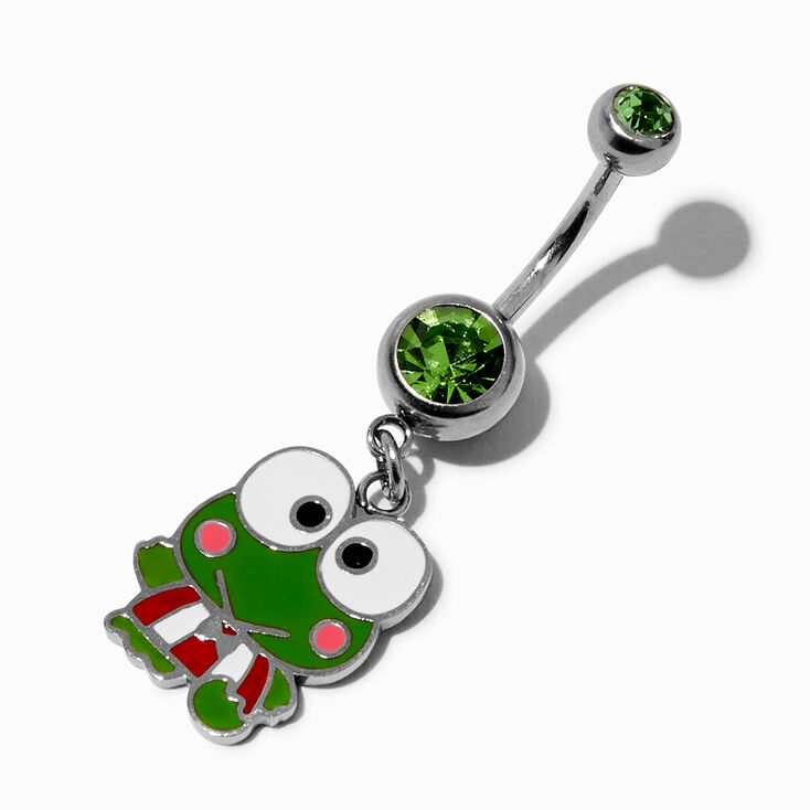 Keroppi&reg; Silver-tone Stainless Steel Green Crystal Charm 14G Belly Bar,