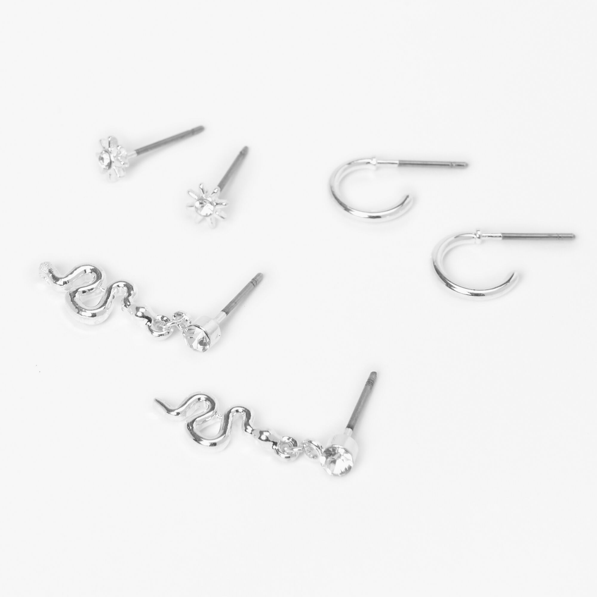 View Claires Tone Snake Hoop Stud Earrings 3 Pack Silver information