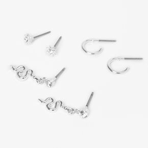 Silver Snake &amp; Hoop Stud Earrings - 3 Pack,