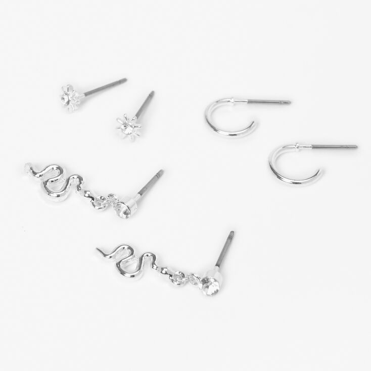 Silver Snake &amp; Hoop Stud Earrings - 3 Pack,