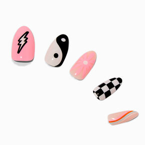 Check, Lightning Bolt &amp; Yin Yang Stiletto Vegan Faux Nail Set - 24 Pack,