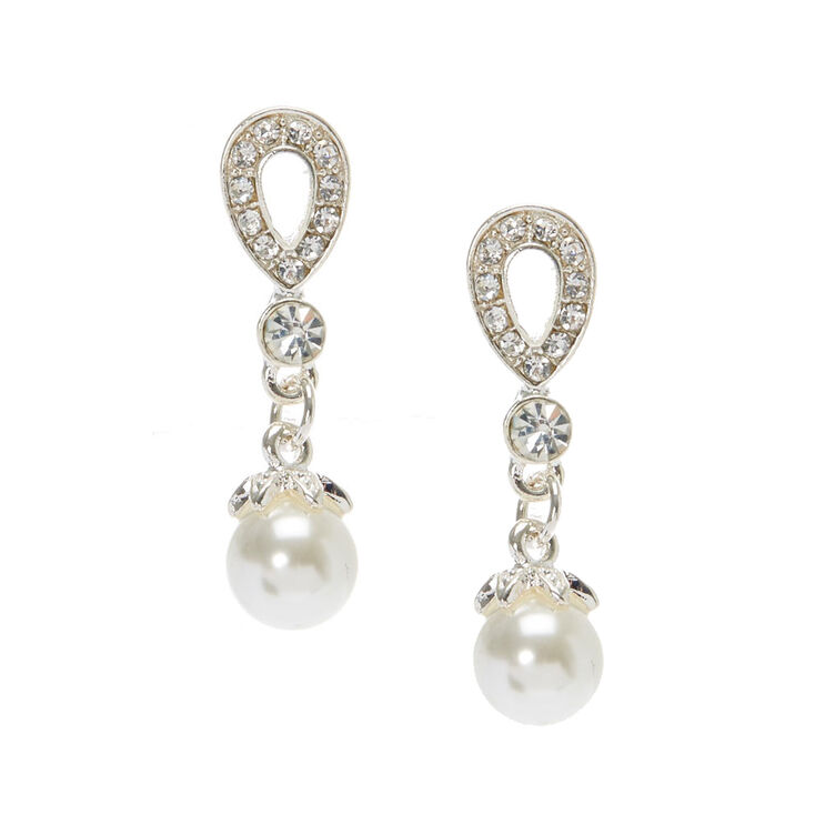Silver-tone Crystal Teardrop Pearl 1&quot; Drop Earrings,