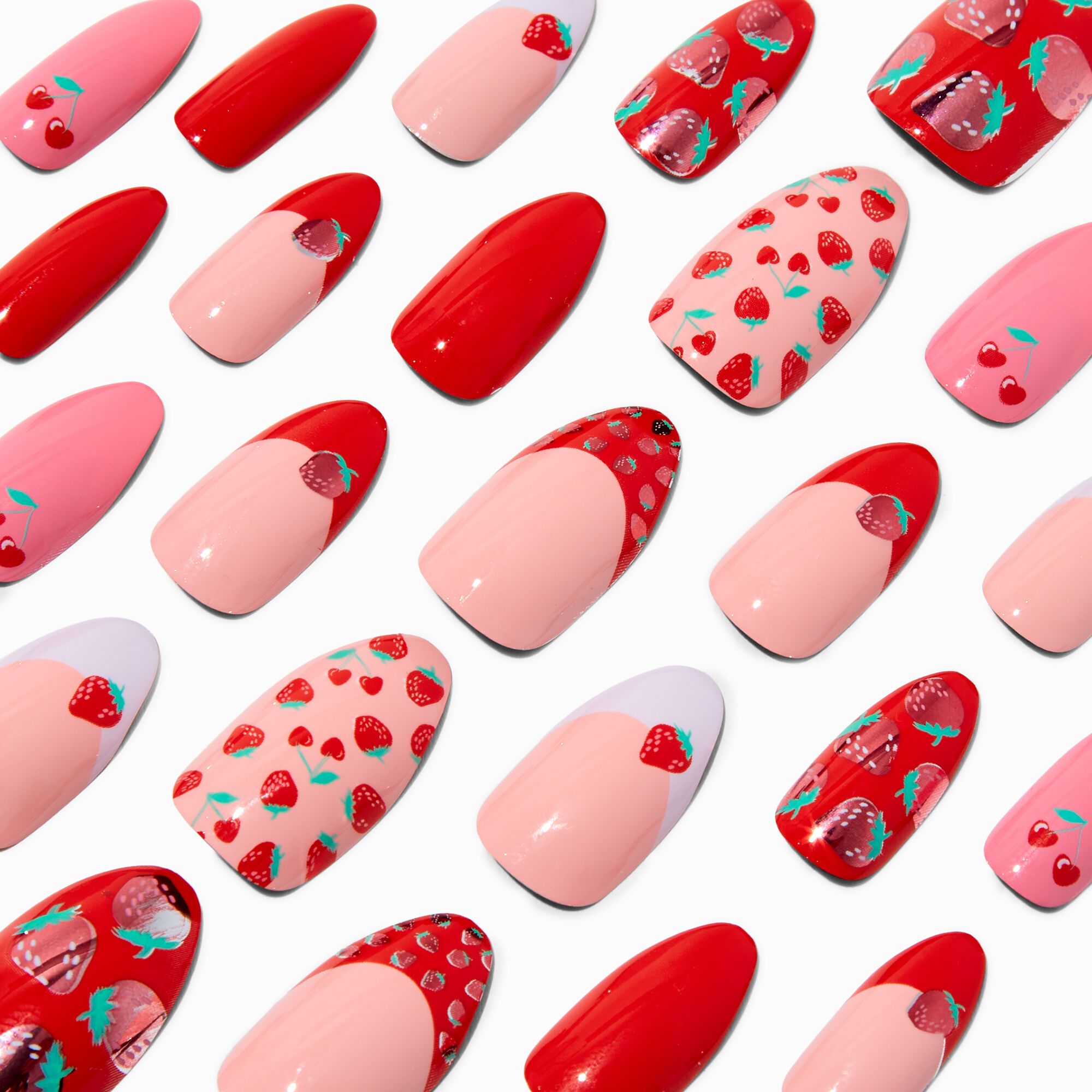 View Claires Strawberry Print Stiletto Vegan Faux Nail Set 24 Pack information