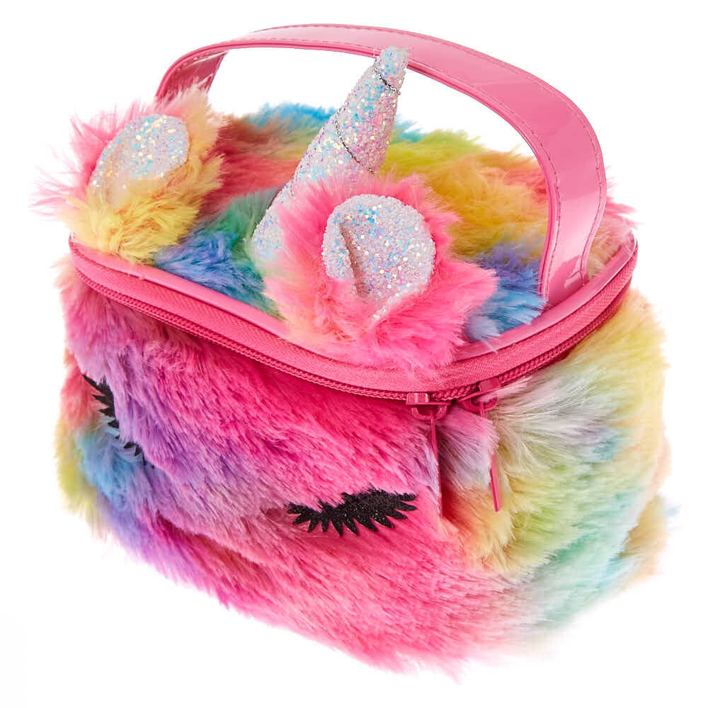 Trousse de maquillage licorne arc-en-ciel duveteuse,