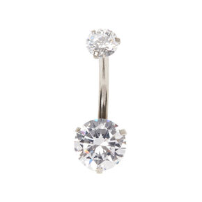 Silver-tone Stainless Steel Round Cubic Zirconia 14G Belly Bar,