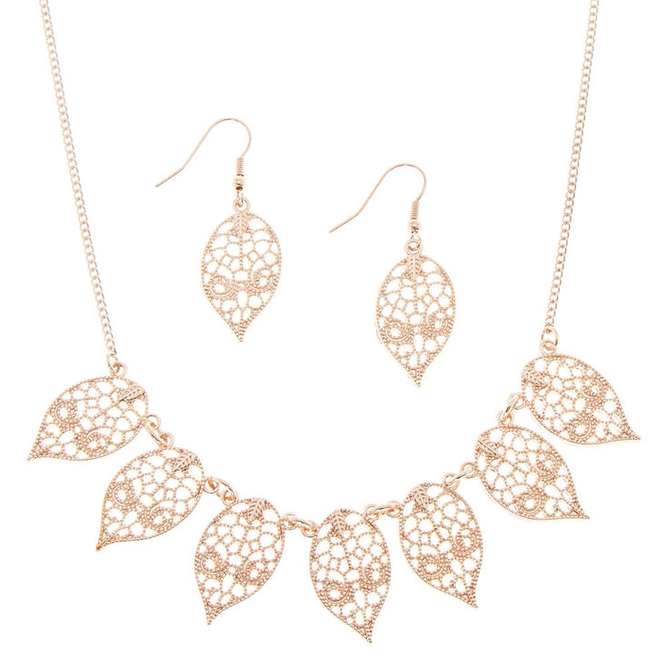 Claire's Parure de bijoux feuille à motif en filigrane couleur doré rose