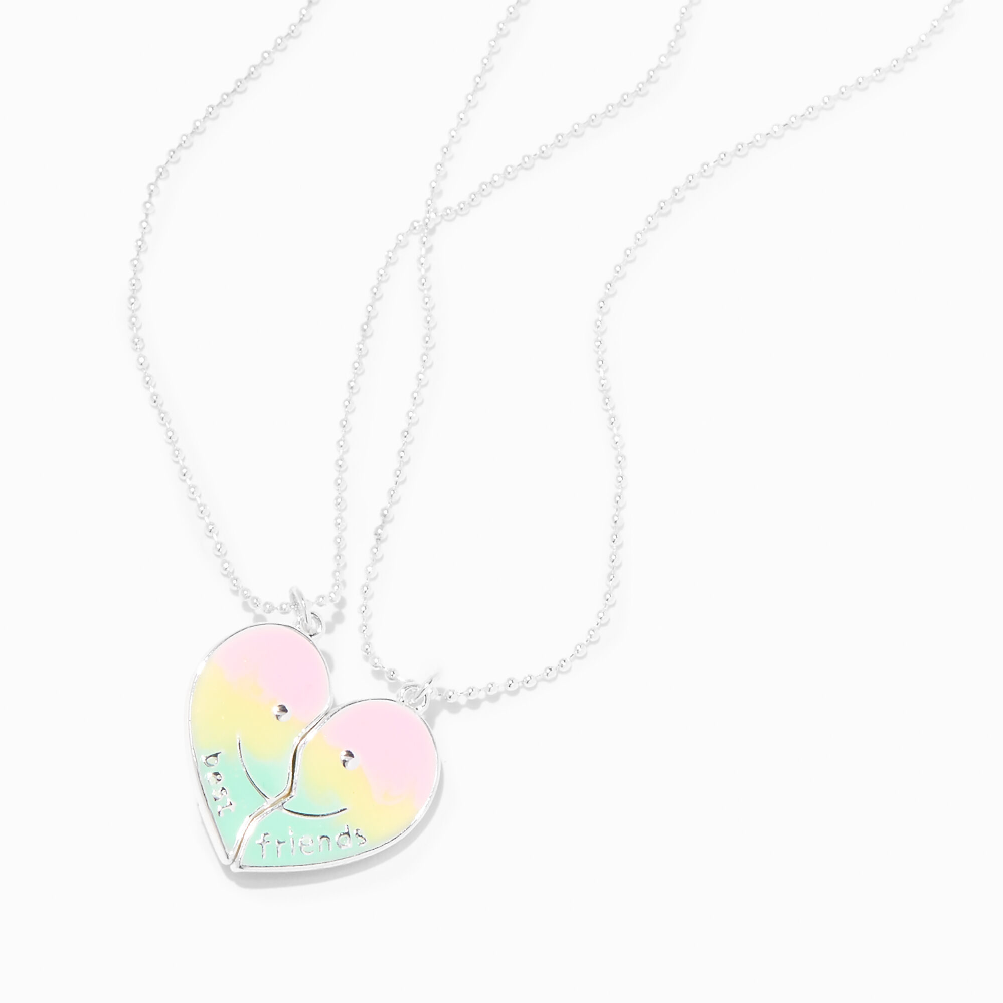 View Claires Best Friends Happy Face Glow In The Dark Ombré Split Heart Pendant Necklaces 2 Pack Silver information