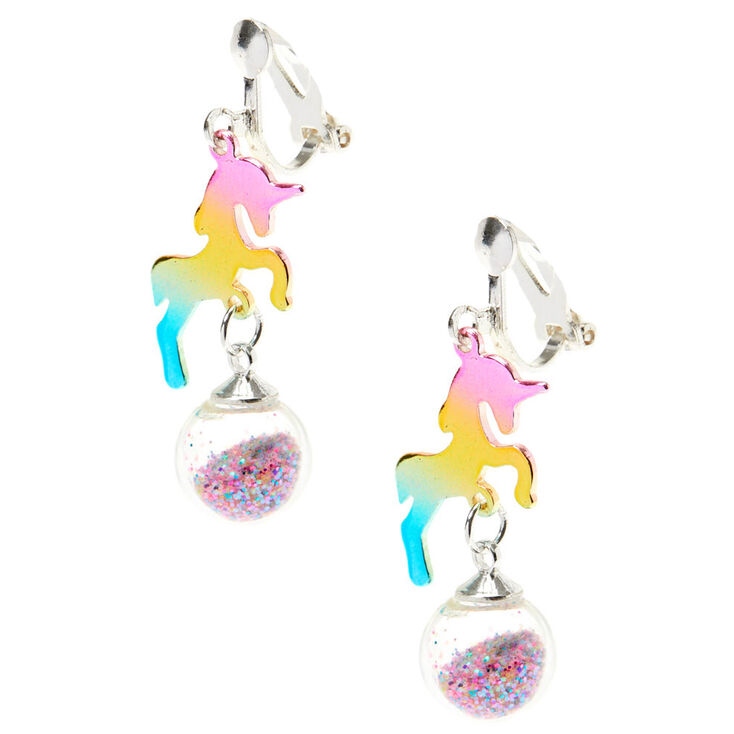 1&quot; Rainbow Unicorn Clip-On Drop Earrings,
