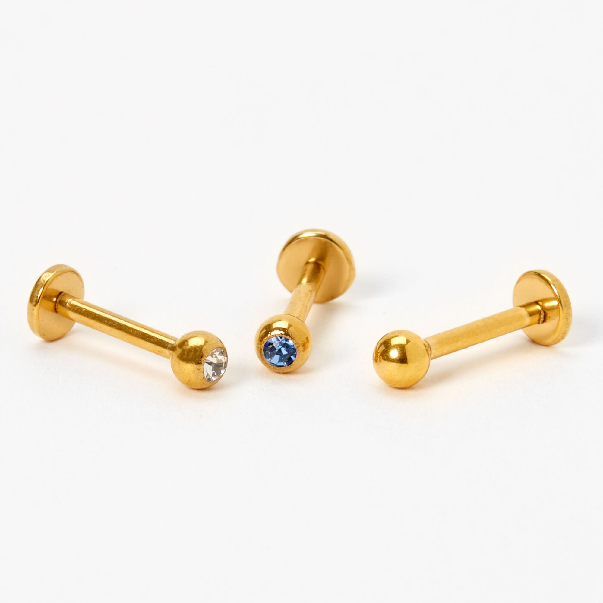 Gold Titanium 16G Mixed Crystal Ball Labret Flat Back Studs 3 Pack