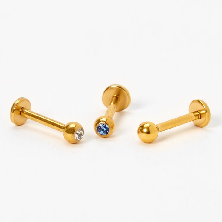 Gold Titanium 16G Mixed Crystal Ball Labret Flat Back Studs - 3 Pack,