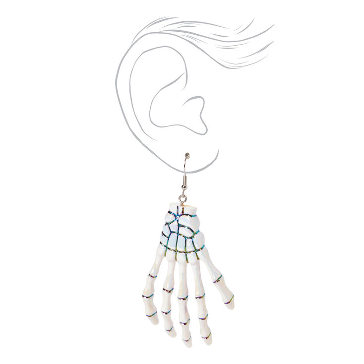 Silver  3.5&quot; Skeleton Hands Drop Earrings - White,