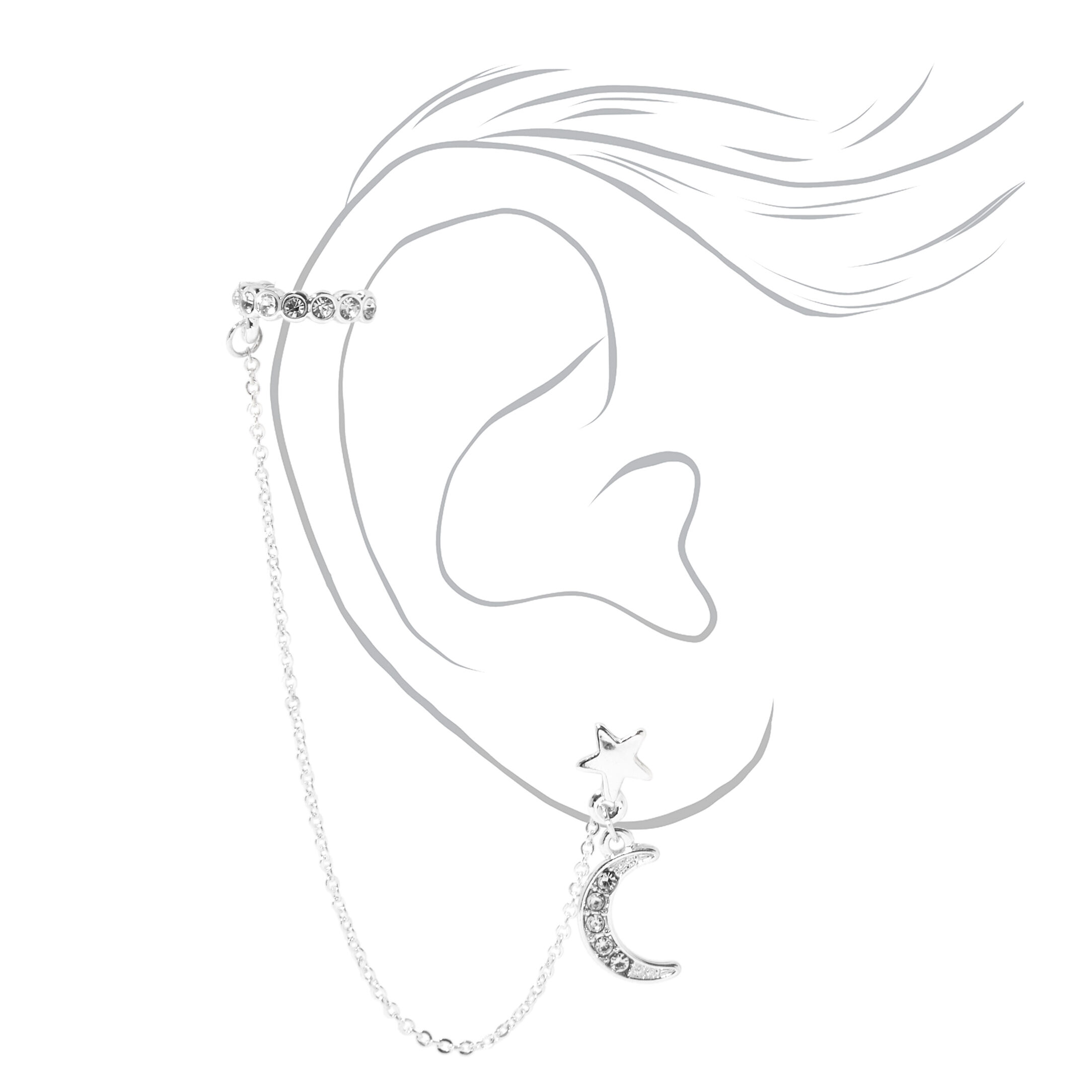Silver-tone Moon & Star Cuff Connector Drop Earrings,