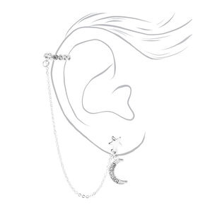 Silver-tone Moon &amp; Star Cuff Connector Drop Earrings,