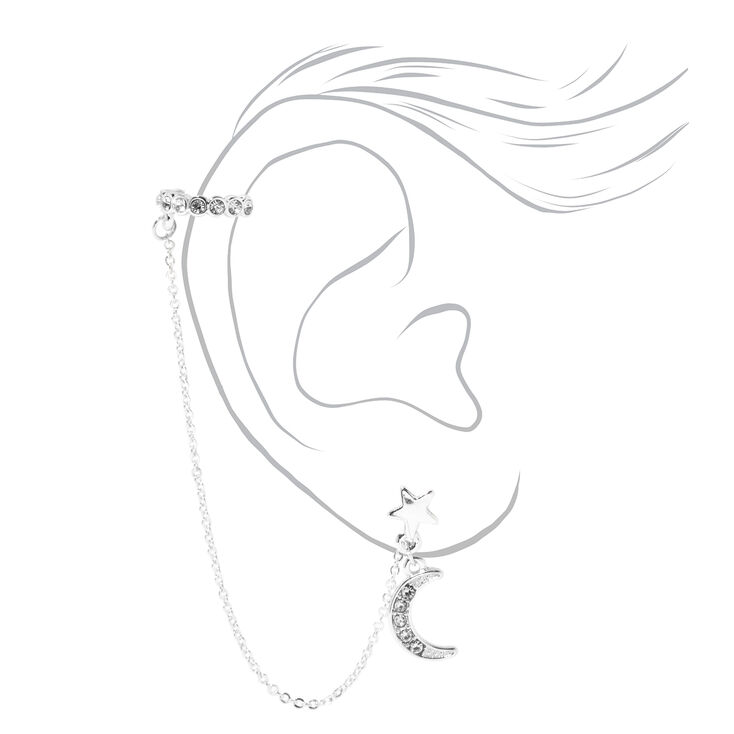 Pendantes &agrave; cha&icirc;ne et manchette d&rsquo;oreille lune et &eacute;toile couleur argent&eacute;e,
