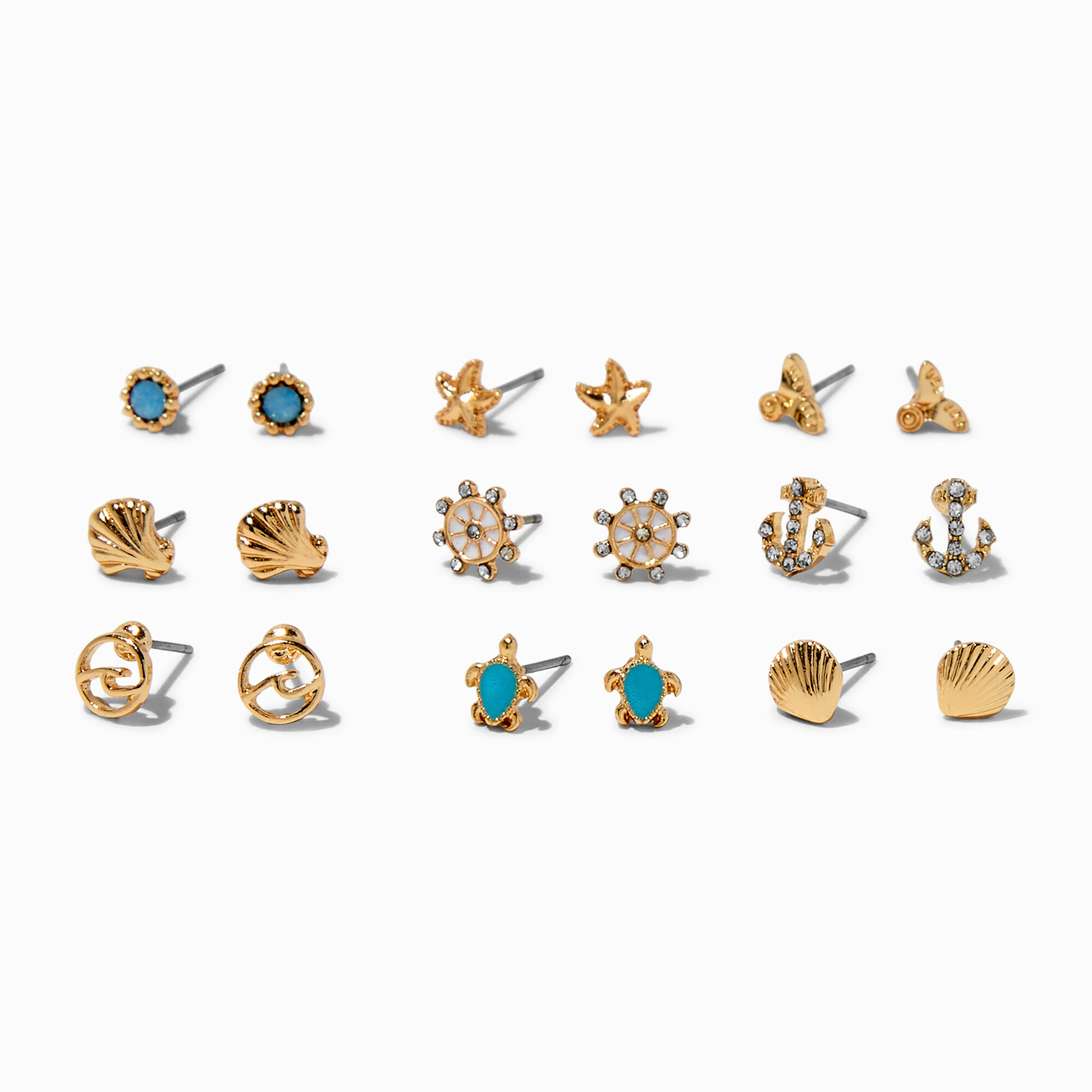 View Claires Tone Nautical Stud Earrings 9 Pack Gold information