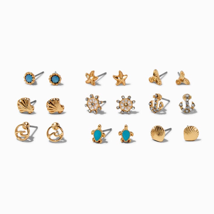 Gold-tone Nautical Stud Earrings - 9 Pack ,