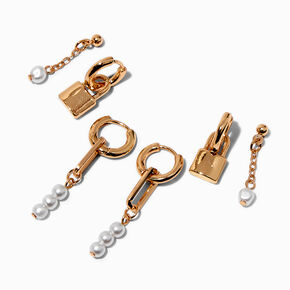Boucles d&rsquo;oreilles superposables perle d&rsquo;imitation et cadenas couleur dor&eacute;e - Lot de 3,