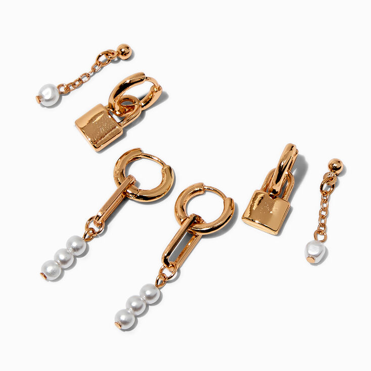 Boucles d&rsquo;oreilles superposables perle d&rsquo;imitation et cadenas couleur dor&eacute;e - Lot de 3,