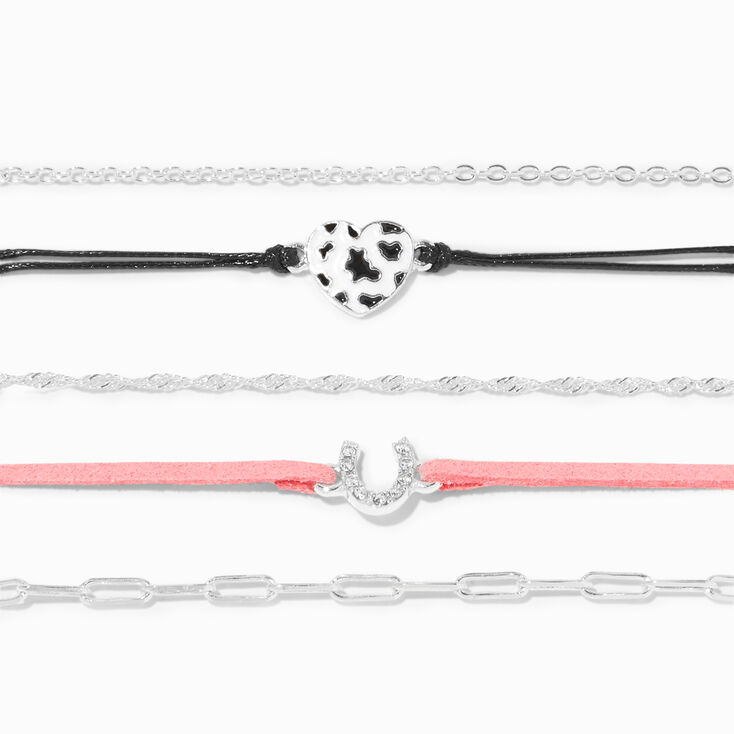 Silver Cowprint Heart Cowgirl Chain Bracelets - 5 Pack,
