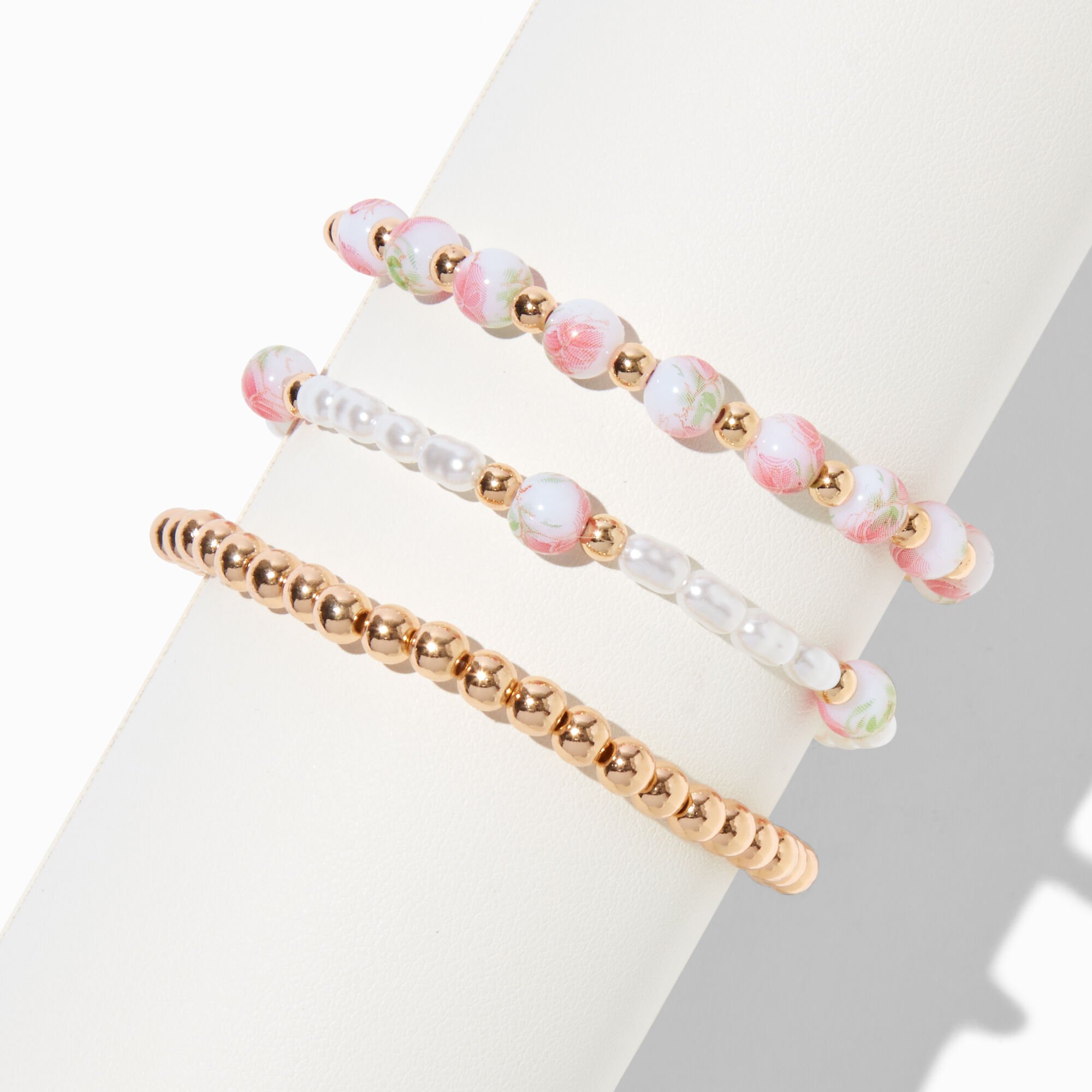 Pink Rose Beaded Stretch Bracelets - 3 Pack,