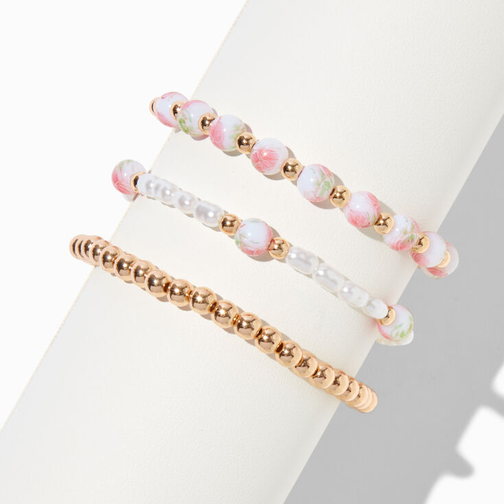 Pink Rose Beaded Stretch Bracelets - 3 Pack,