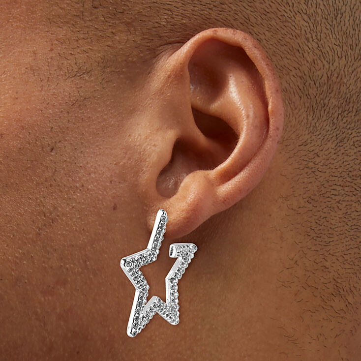 Silver-tone Pav&eacute; Star Hoop Earrings,