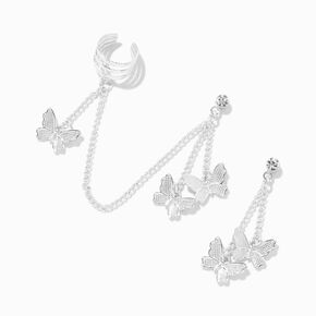 Silver Butterfly Cuff Connector Drop Earrings,