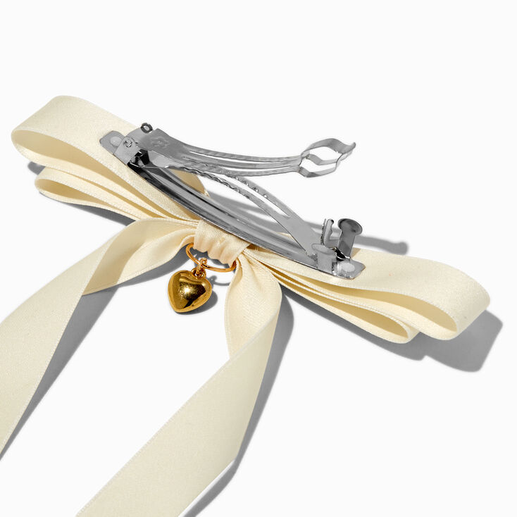 T H E M E x Claire&#39;s White Long Tail Gold-tone Heart Charm Hair Bow Clip,