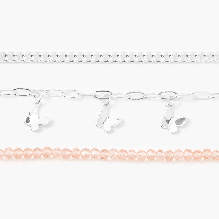 Silver Butterfly Pink Beaded Chain Bracelets &#40;3 Pack&#41;,