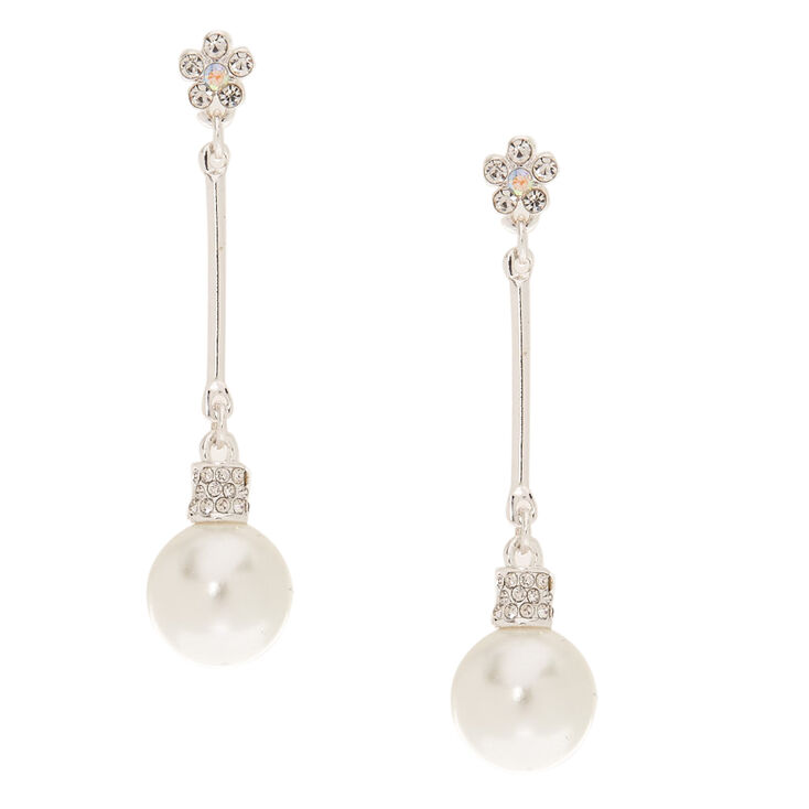 Silver Rhinestone &amp; Pearl 1&quot; Drop Earrings,