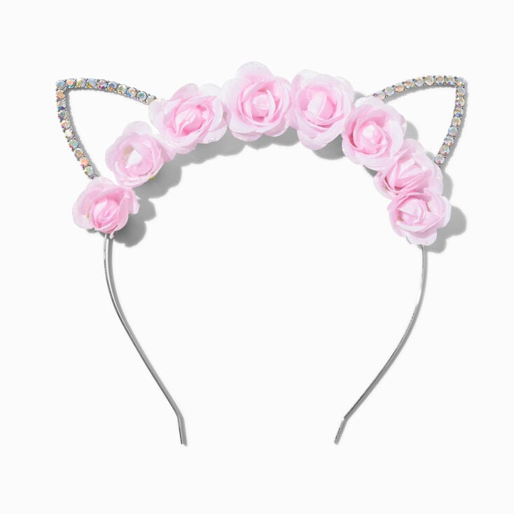 Pink Flower Iridescent Crystal Cat Ears Headband,