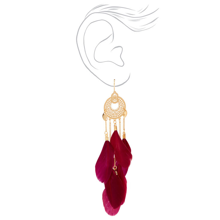 Gold 4&quot; Medallion Feather Drop Earrings - Burgundy,