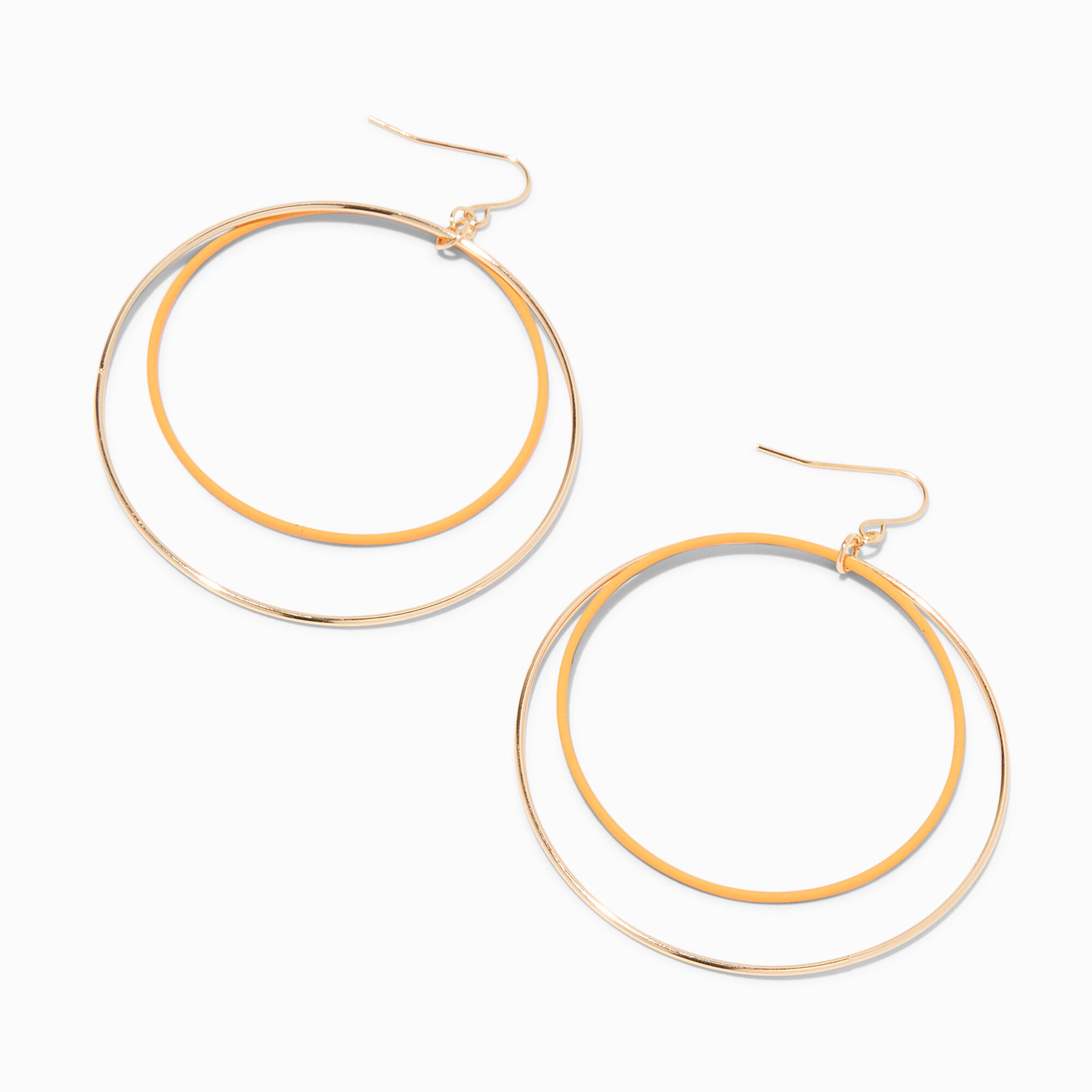 View Claires GoldTone 3 Enamel Double Ring Hoop Drop Earrings Orange information