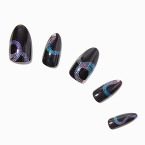 Holographic Snake Black Long Almond Vegan Faux Nail Set - 24 Pack,