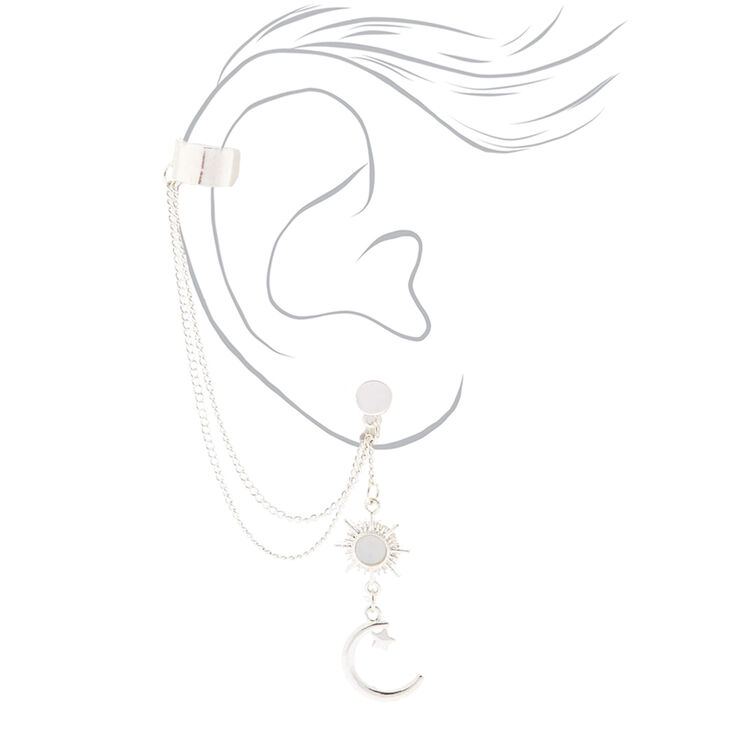 Silver-tone Celestial Moon Ear Cuff Connector Chain Earrings,