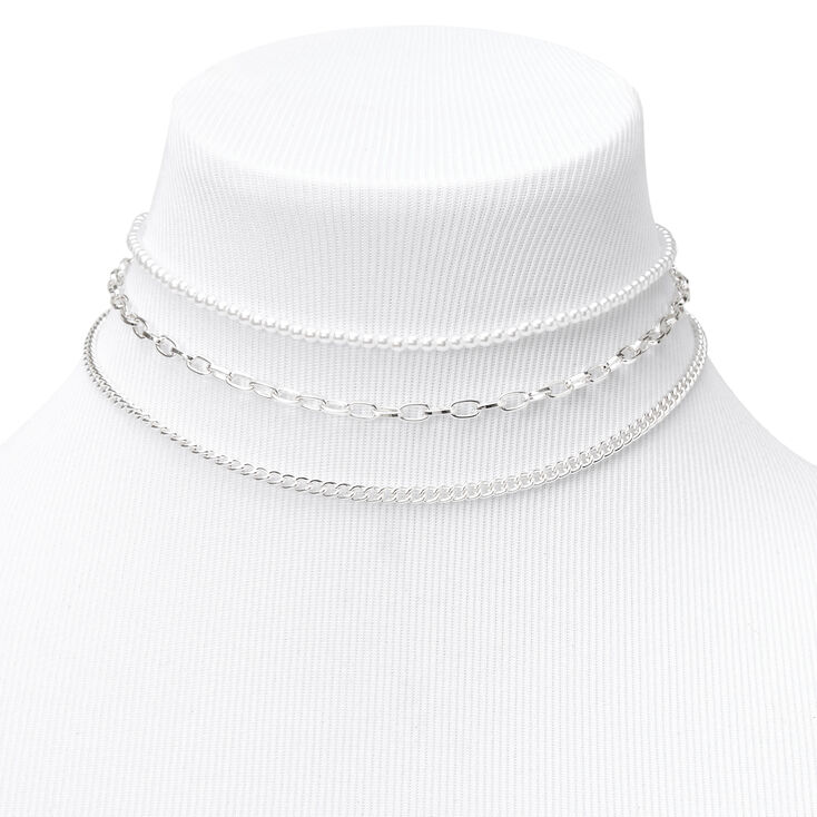 Silver Delicate Pearl &amp; Chain Strand Necklace,