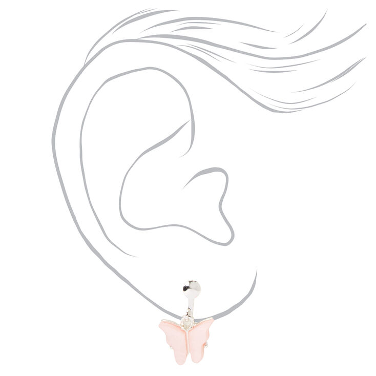 Silver Butterfly Clip On Drop Earrings - Pink,