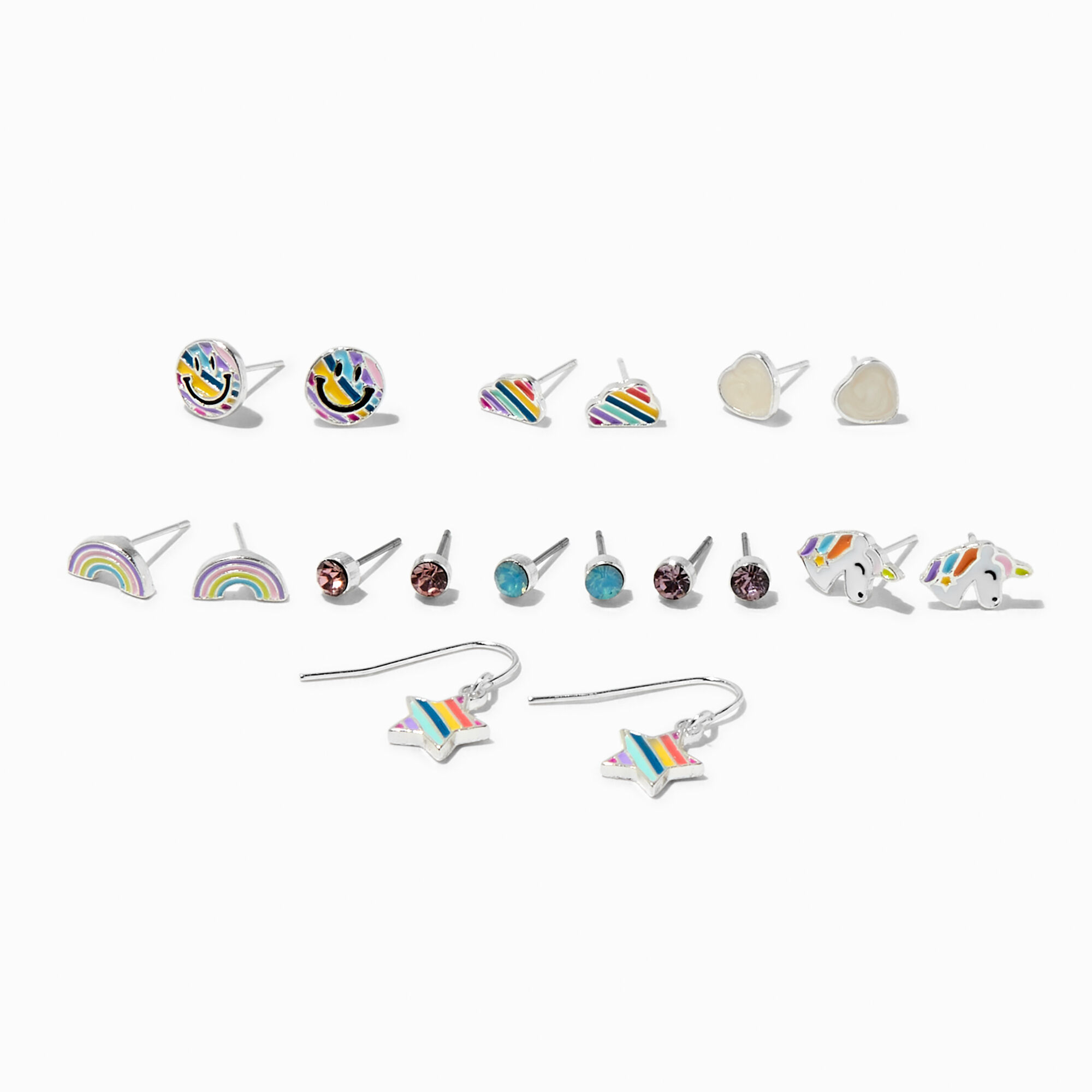 View Claires Rainbow Icon Stud Earrings 9 Pack Silver information
