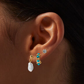 Boucles d&#39;oreilles empilables en zircon cubique turquoise d&#39;imitation couleur dor&eacute;e - Lot de 3,