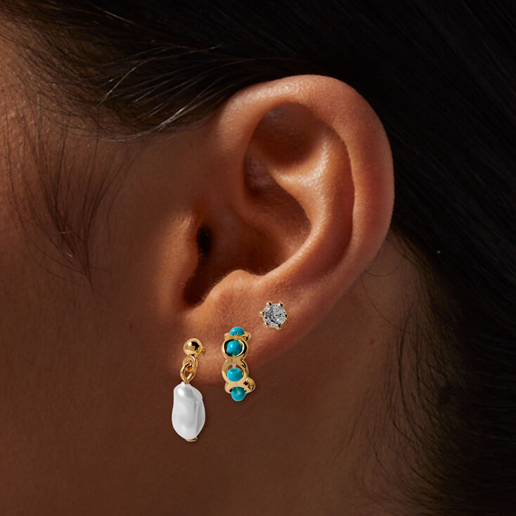 Gold-tone Turquoise Cubic Zirconia Earring Stackables Set - 3 Pack,