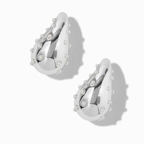 Silver-tone Pearl Dotted Long Bean 1&quot; Drop Earrings,