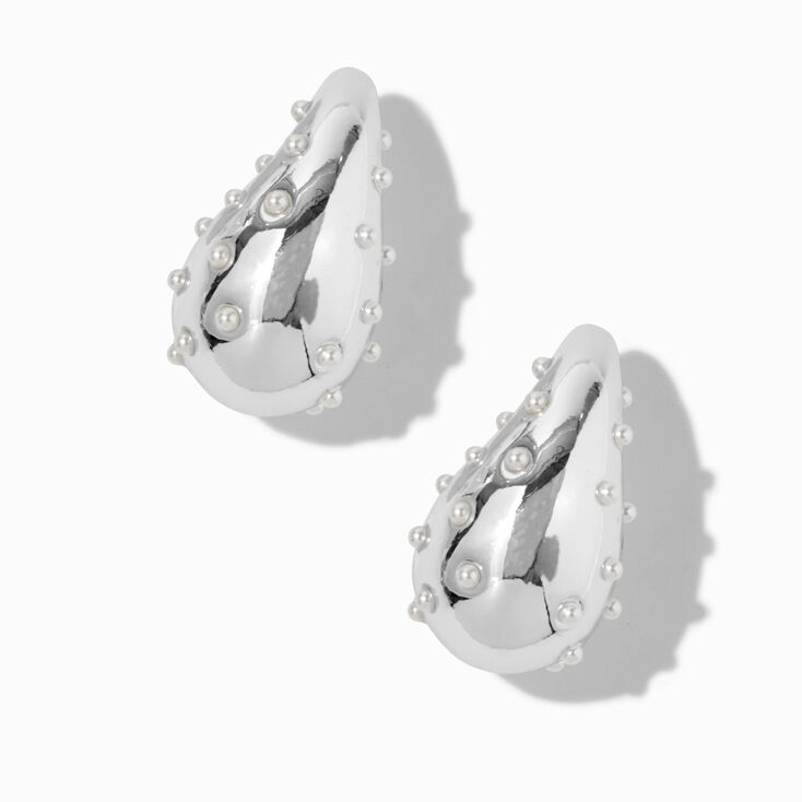 Silver-tone Pearl Dotted Long Bean 1&quot; Drop Earrings,
