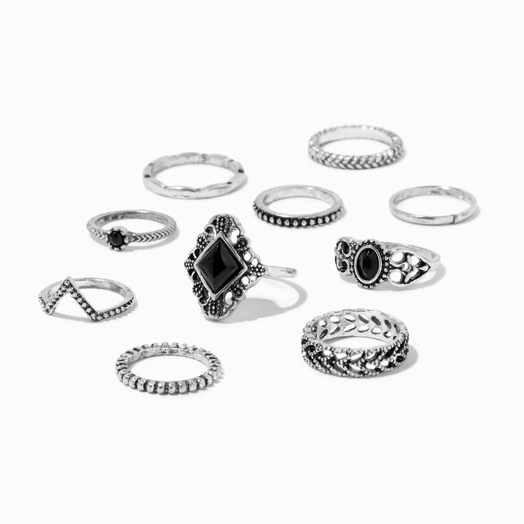 Silver &amp; Black Mixed Vintage Rings - 10 Pack,